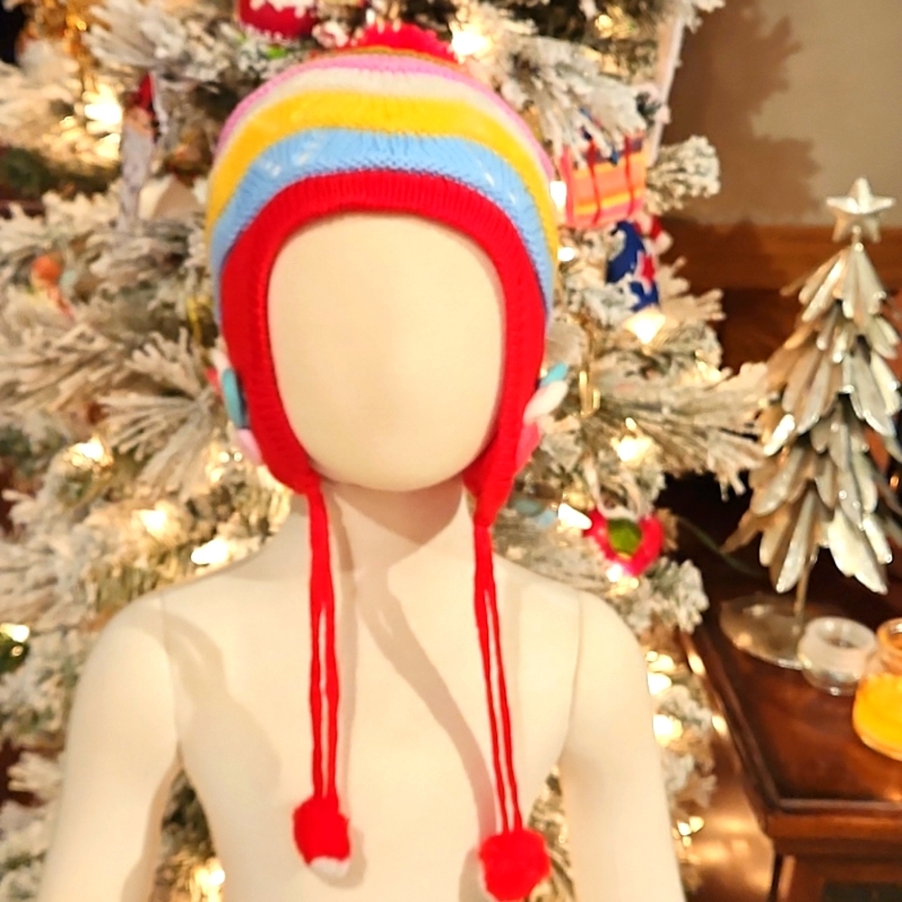 KIDS NEW KNITTED WINTER HAT RED WITH MULTICOLOR STRIPES. CLEARANCE
